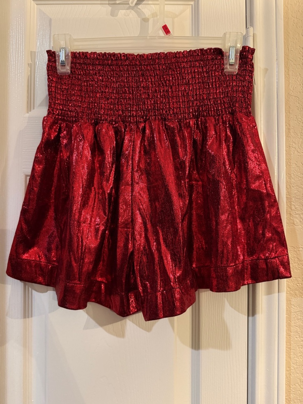 Shimmer Red Smocked Waist Flowy Shorts
